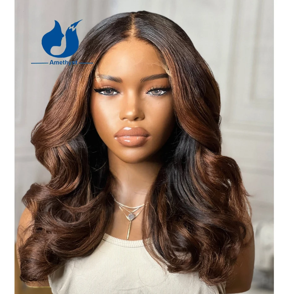 Amethyst Deep Brown Highlight 5.5x4.5 PU Silk Base Lace Cloure Wig for Black Women Human Hair Body Wave Brazilian Remy Hair 200%