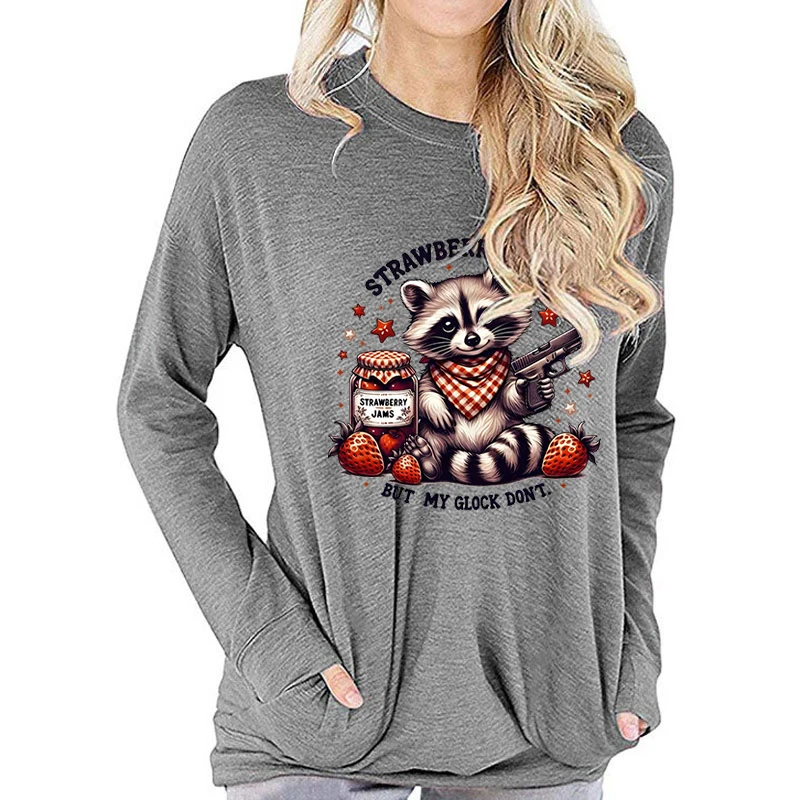 Fall Long Sleeve Top Retro Racoon Strawberry Jams But My Glock Don't Graphic T Shirts Women Funny Racoon Lover Gift Casual Tops