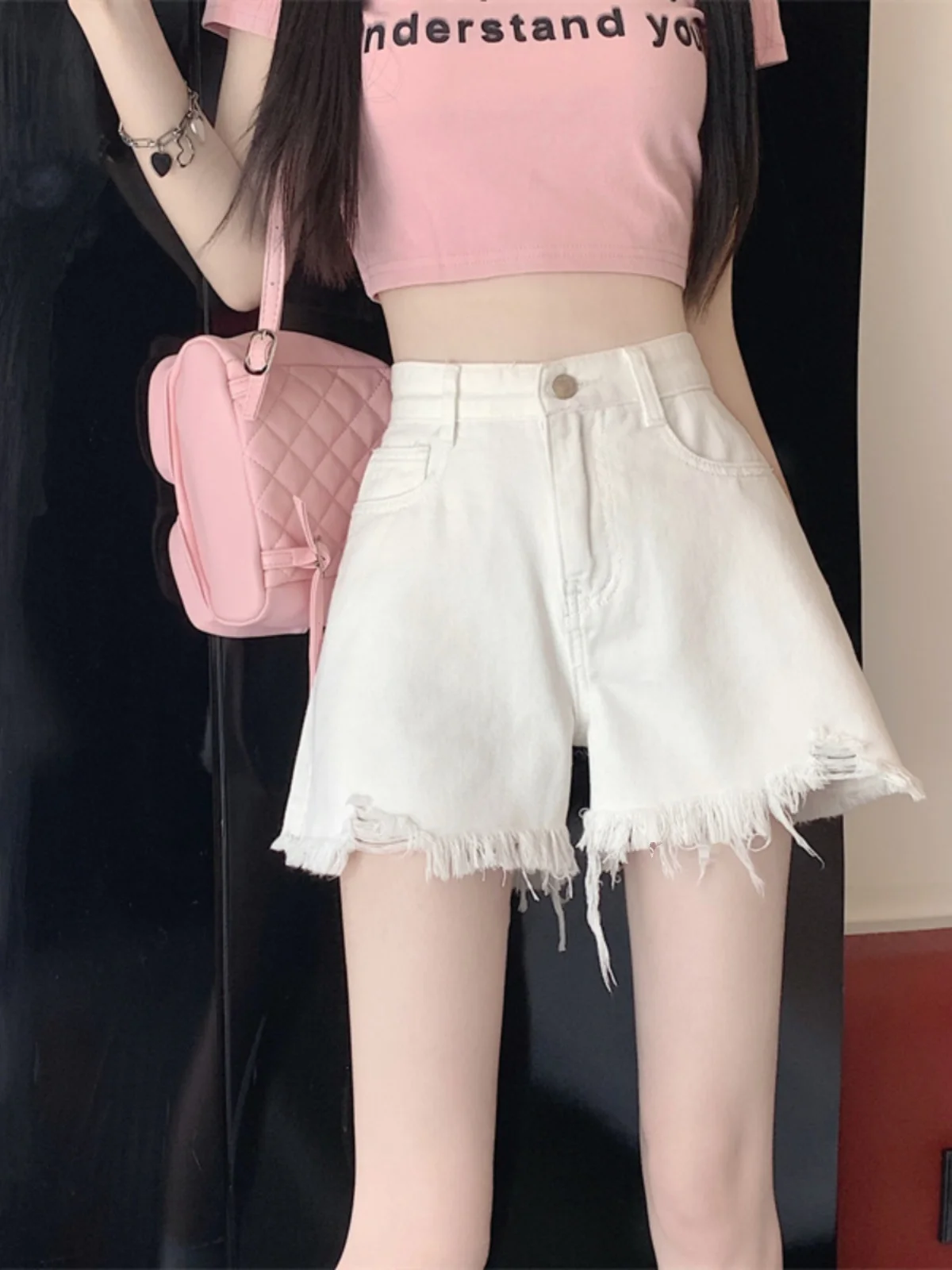 High Waist White Ripped Denim Shorts Women's Spring New plus Size American Style Sweet And Spicy Girl A-Line Hot Pants