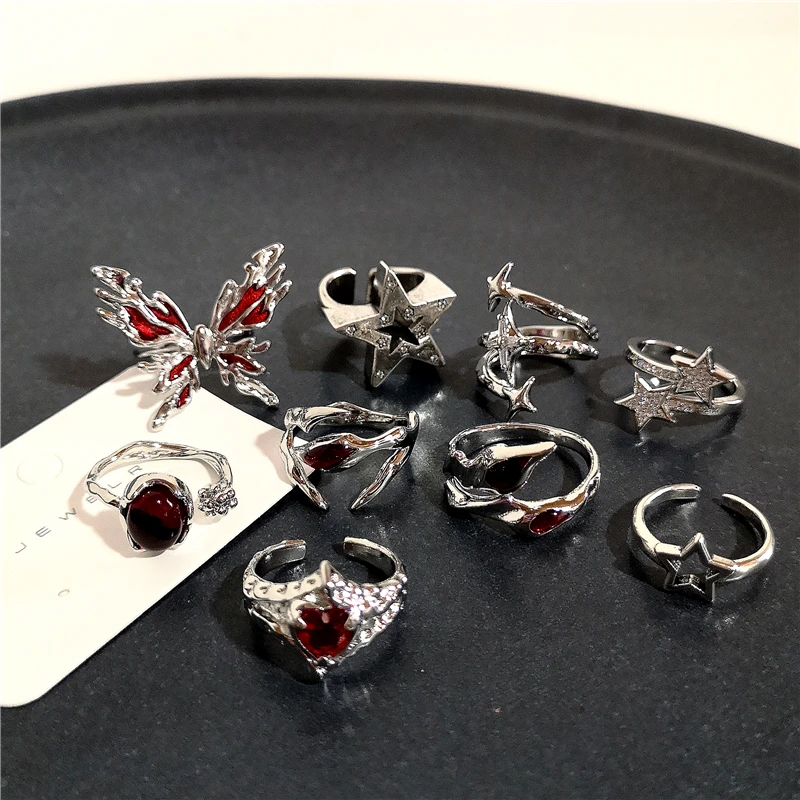 Korean Fashion Vintage Aesthetic Geometric Irregular Red Crystal Star Silver Color Metal Ring For Women Grunge Y2K EMO Jewelry