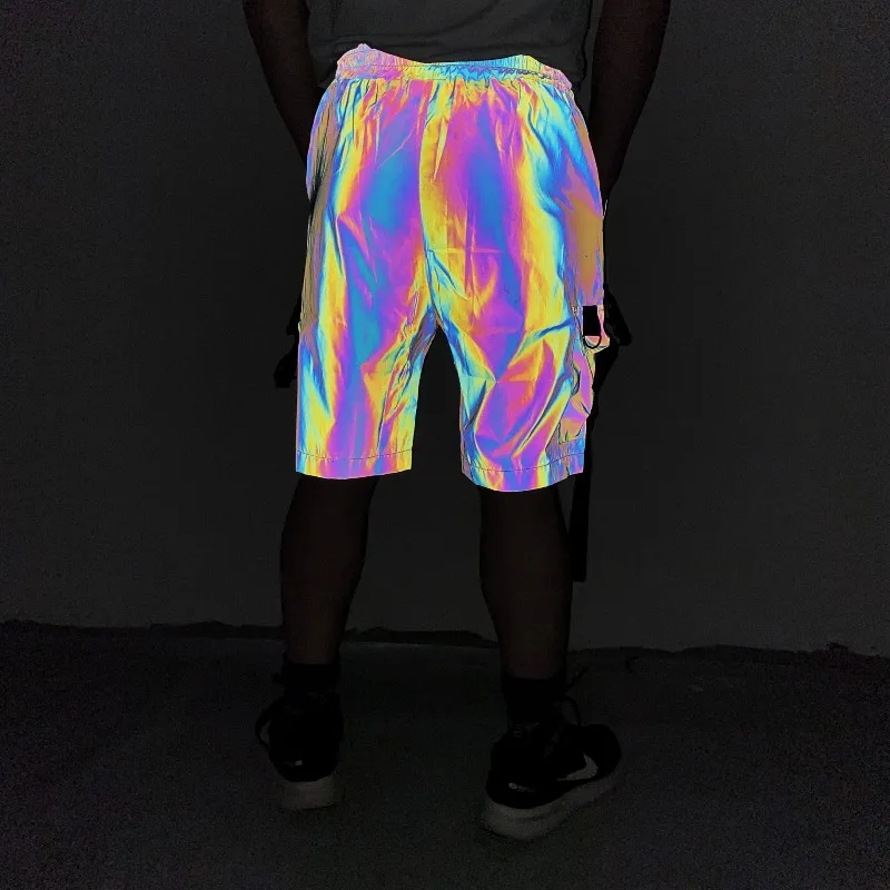 Nuevos pantalones cortos Cargo reflectantes de verano, ropa informal estilo Hip Hop para hombre, pantalones holgados Techwear, moda de venta al por menor, pantalones de pierna ancha que brillan