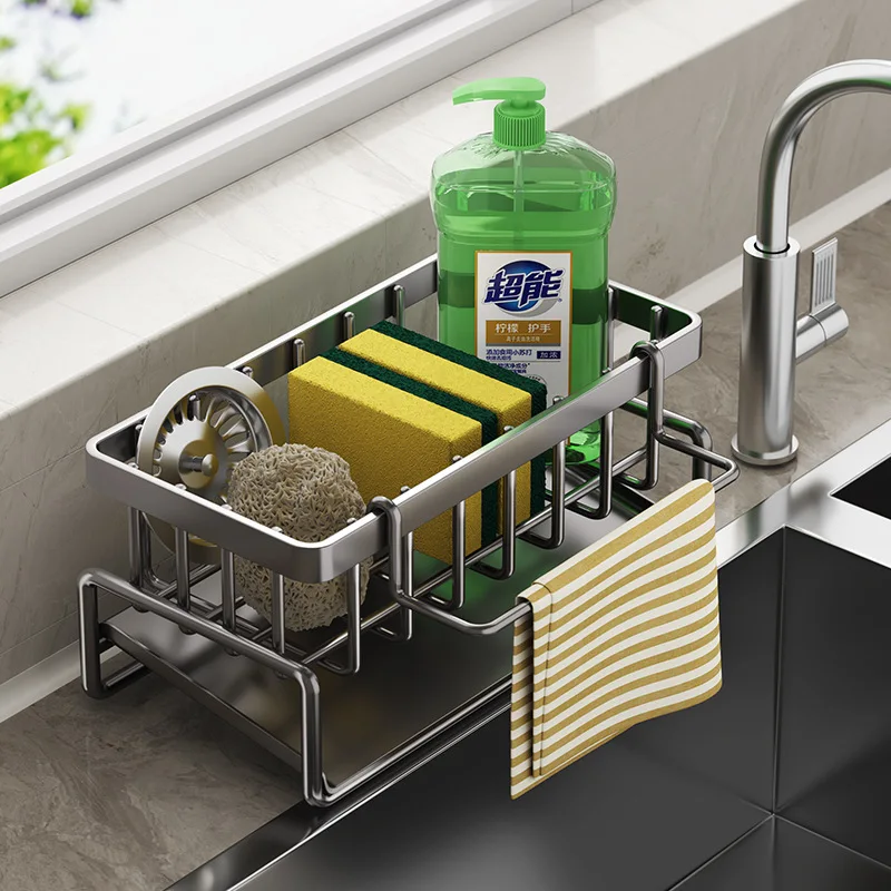 Sink Cleaning Tools Storage Holder Kitchen Stainless Steel Drain Rack for Sponge Cleanser Organizer Rag Hanger