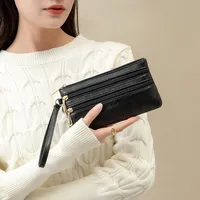 Fashion Three Zipper Women's Leather Wallets Large Capacity Solid Color Female Purse Clutch Hand Bag Soft Leather Ladies Wallet