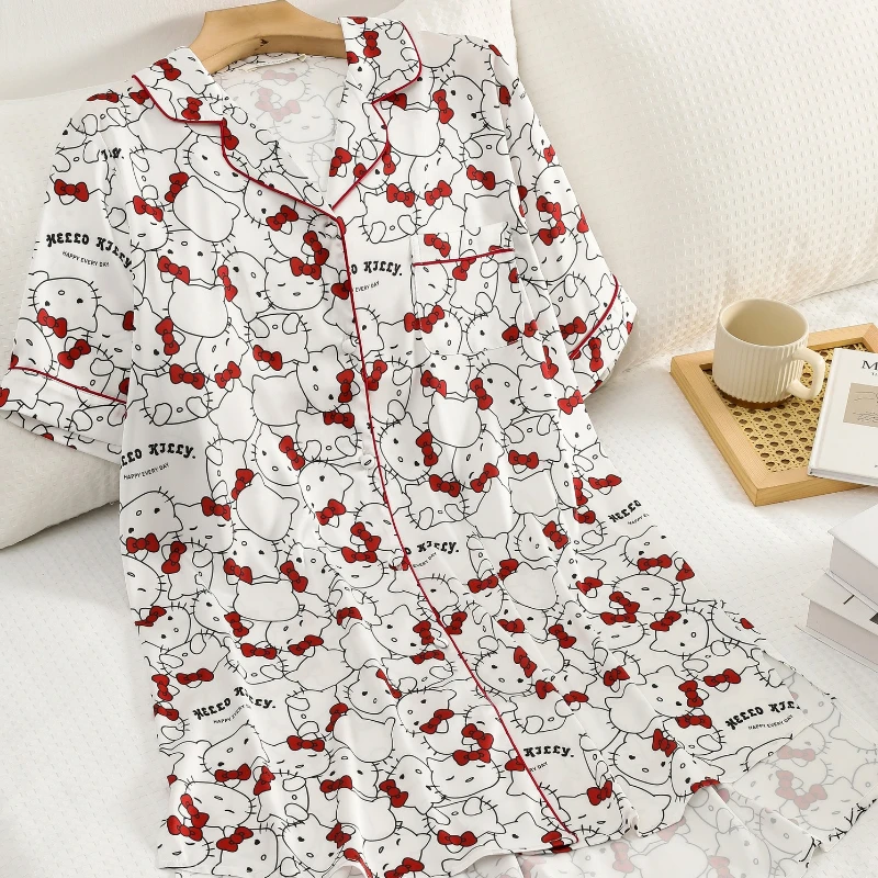 

Cute Kitty Cartoon Print Pajamas 2025 Summer New Style Ice Silk Sleepwear Women's Short Sleeve Lightweight Homewear"