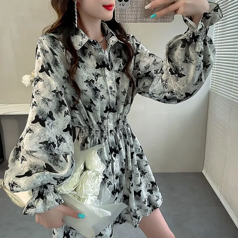 Elegant Pleated Printing Shirt Tops Spring Autumn New Polo Neck Long Sleeve Vintage Blouse High Street Casual Women Clothing