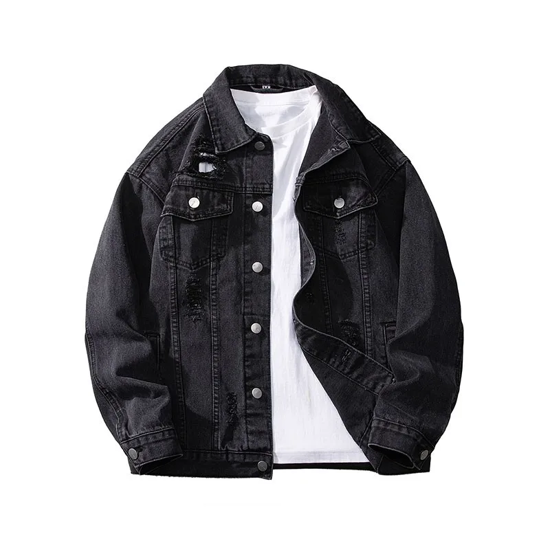 

Men's Hole Jeans Jacket Black Blue Denim Coat Casual Outerwear Fashion Outfit for Men Retro Clothing