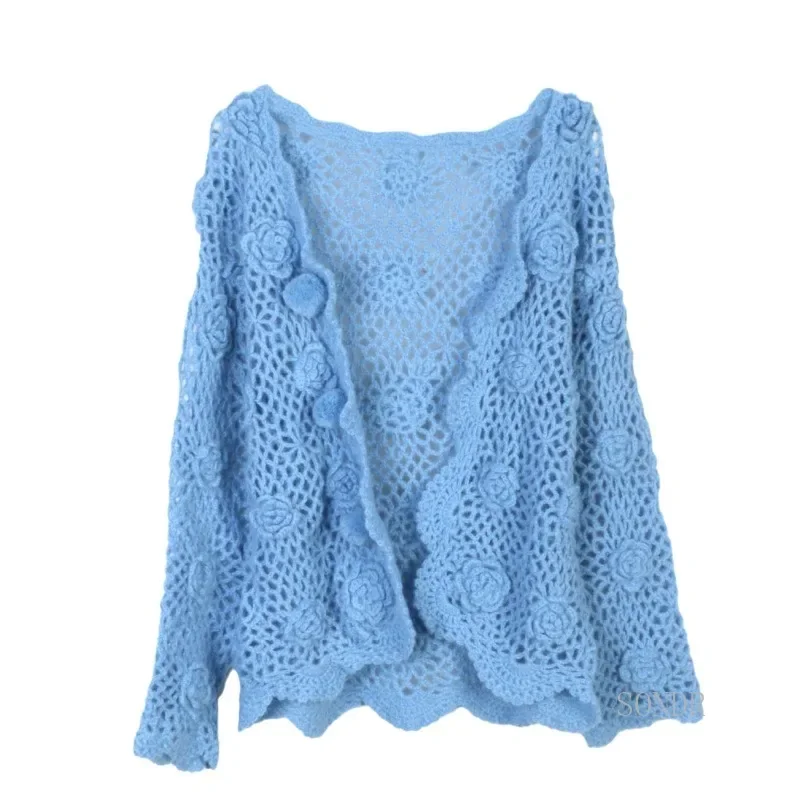 Rose Crochet Hollow Out Cardigan Early Spring Long Sleeve Tops Open Stitch Sweater Knitted Cardigan Women Sueters De Mujer