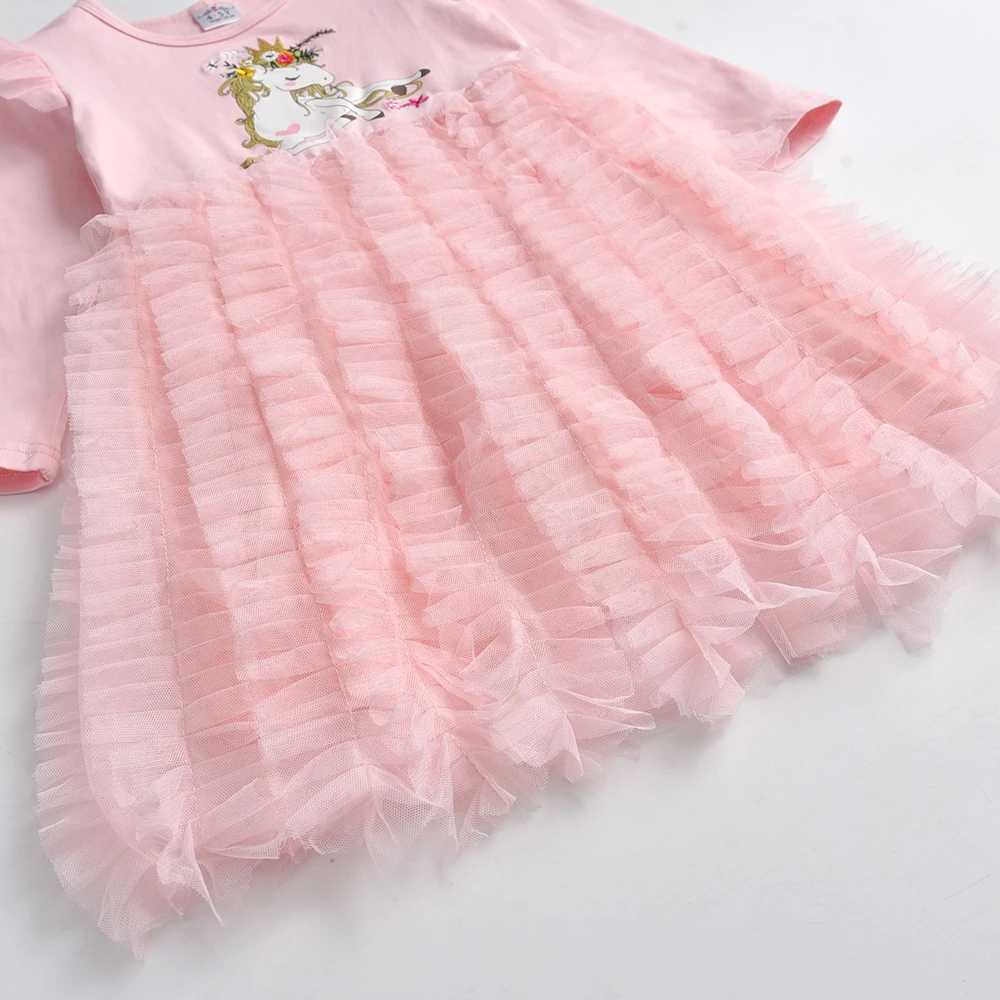 VIKITA Girls Licorne Print Cartoon Dress Kids Spring Autumn Winter Long Sleeve Pink Layered Tulle Mesh Tutu Princess Party Dress