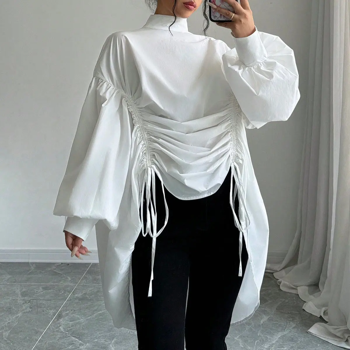 

White turtleneck shirt, drawstring waist lantern sleeves trendy medium and long shirt women's stand-up collar long sleeves