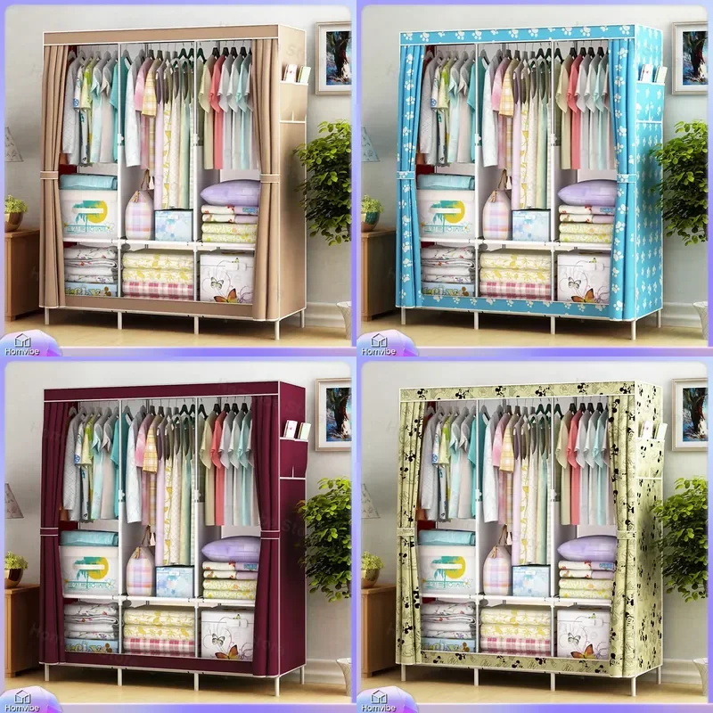 Simple Cloth Wardrobe Steel Frame Reinforced Storage Cabinet Dustproof Organizer for Dormitory Student Rental Room Wholesale