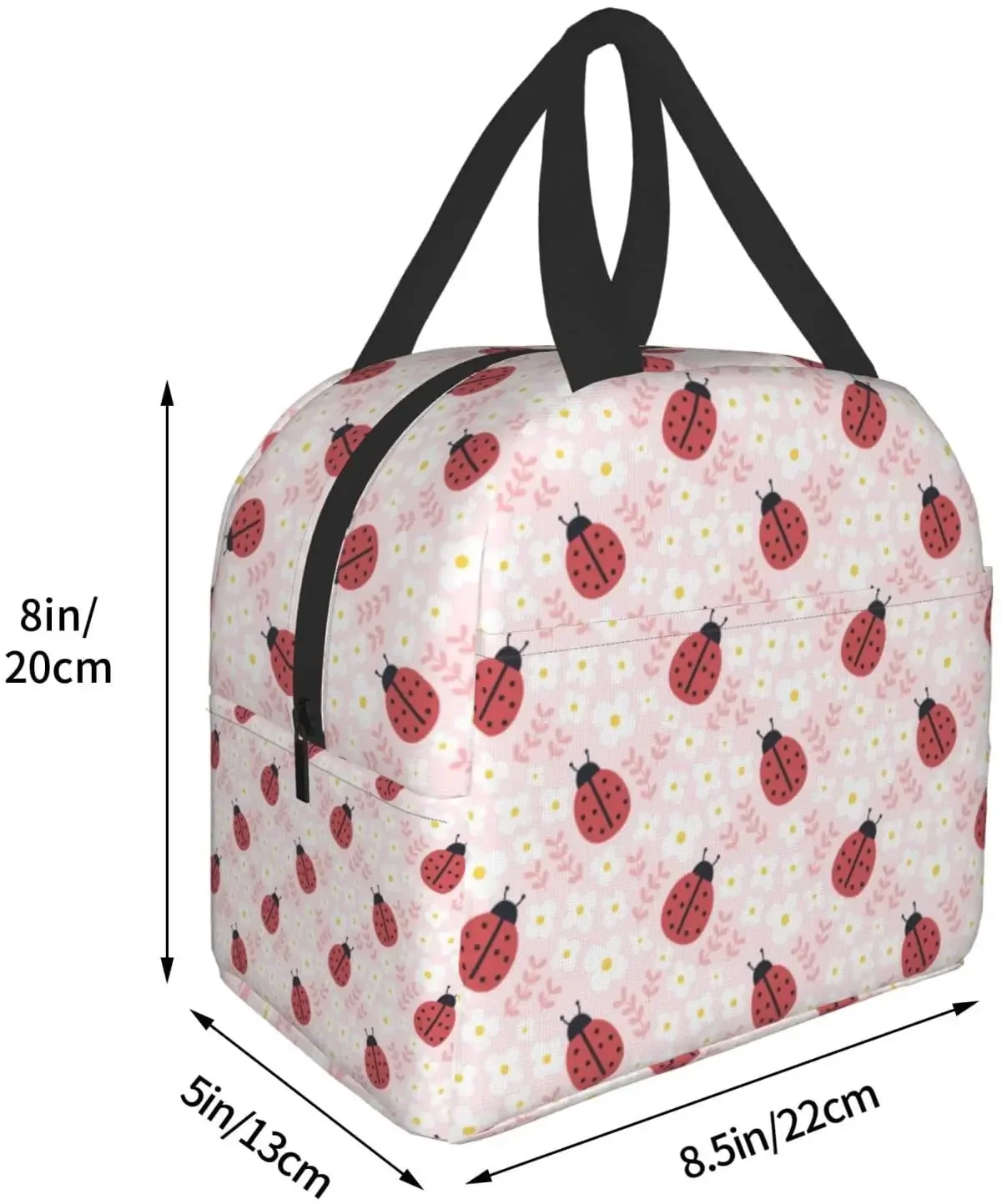 Ladybugs and flowers Lunch Box Bento Box Insulated Lunch Boxes Reusable Waterproof Lunch Bag With Front Pocket For Picnic Hiking