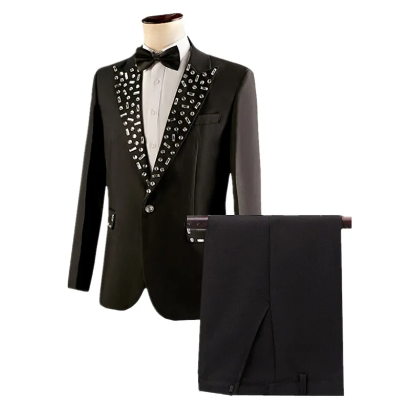 

Модные мужские костюмы для свадебной вечеринки, черный/белый модный пиджак и брюки для певицы, ведущего пианиста, сценического выступления