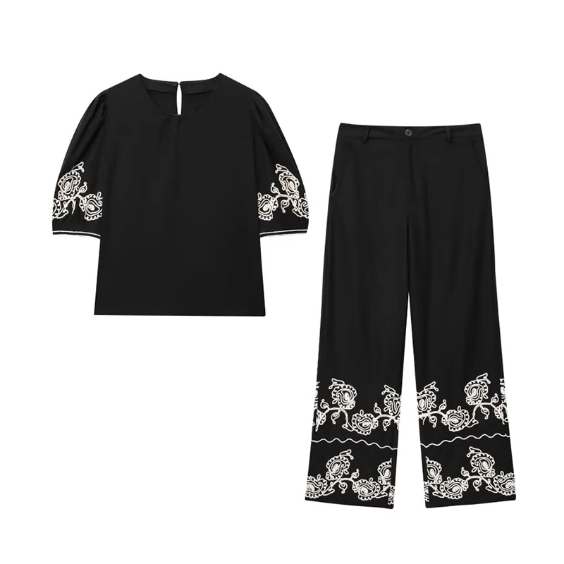 

RAFZNB Embroidery Wide Leg Pants Sets for Women 2 Pieces Fashion Short Sleeve Embroidery Top Two Piece Set Women Outfits