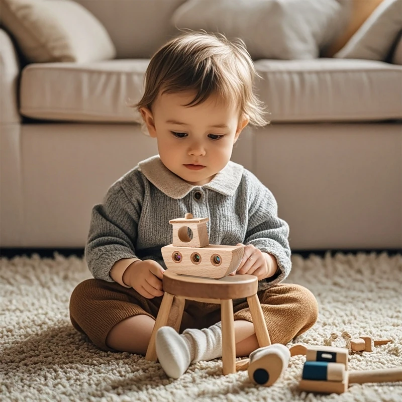 Giocattolo da costruzione per navi in legno con marmo Gioco per esercizi con le dita del bambino Decorazione della stanza Regalo per aerei di simulazione in legno spinta a mano