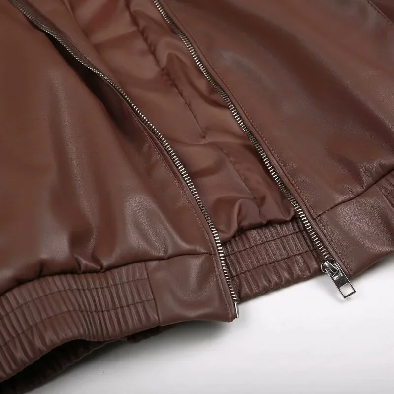 سترة نسائية من الجلد الصناعي معطف عصري رائع على طراز Moto ملابس الشارع الشهير بأكمام طويلة ملابس خارجية بسحاب معطف بسيط للشتاء