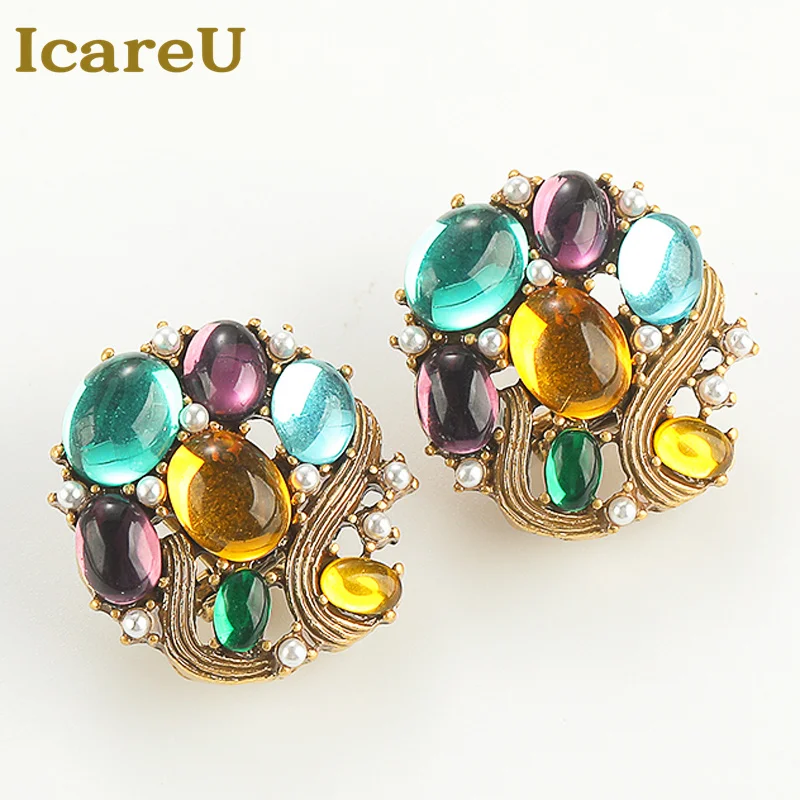 

Vintage Colorful Glass Glaze Stud Earrings For Woman Antique Gold Color Purple Grape Luxury Quality Jewelry Accessories Designer