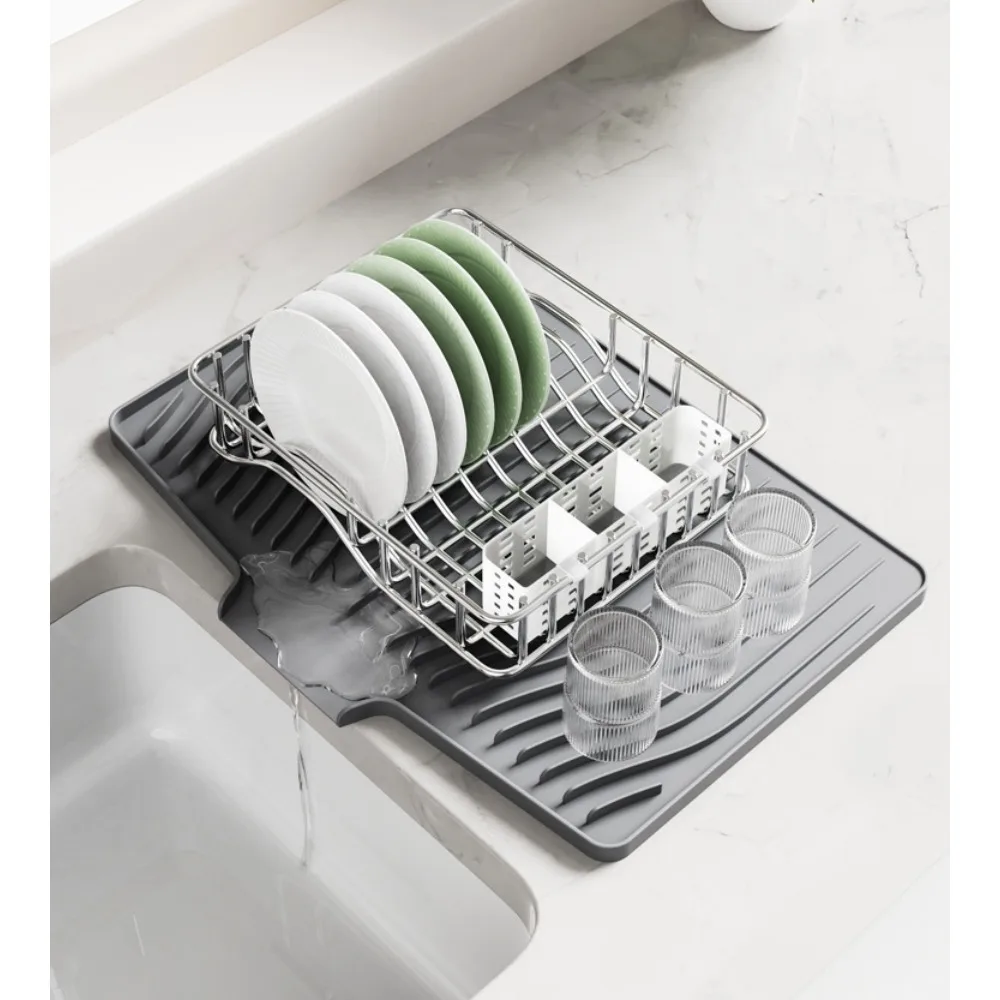 

New Kitchen Counter Silicone Drying Mat Silicone Dishes Drain Mat Tableware Thermal Insulation Slope Diversion Drain Board