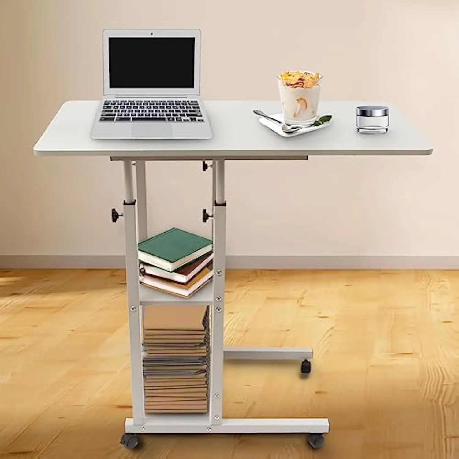 

Height Adjustable C Shaped End Table, C Shaped Side Table with Universal Wheels, Sofa Side Tables with Storage Shelves Suitable