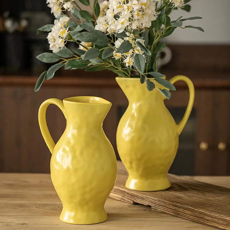 Creative Korean Ceramic Water Ripple Pattern Kettle Yellow Vase Home Living Room Bedroom, Dining Table Decor, Flower Arrangement