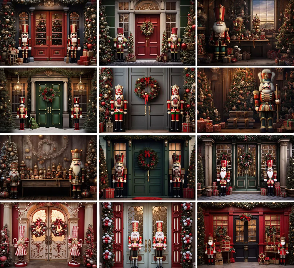 

Mehofond Christmas Wooden Door Background Red Decoration Toy Soldier Kids Winter Xmas Tree Party Backdrop Studio Photography
