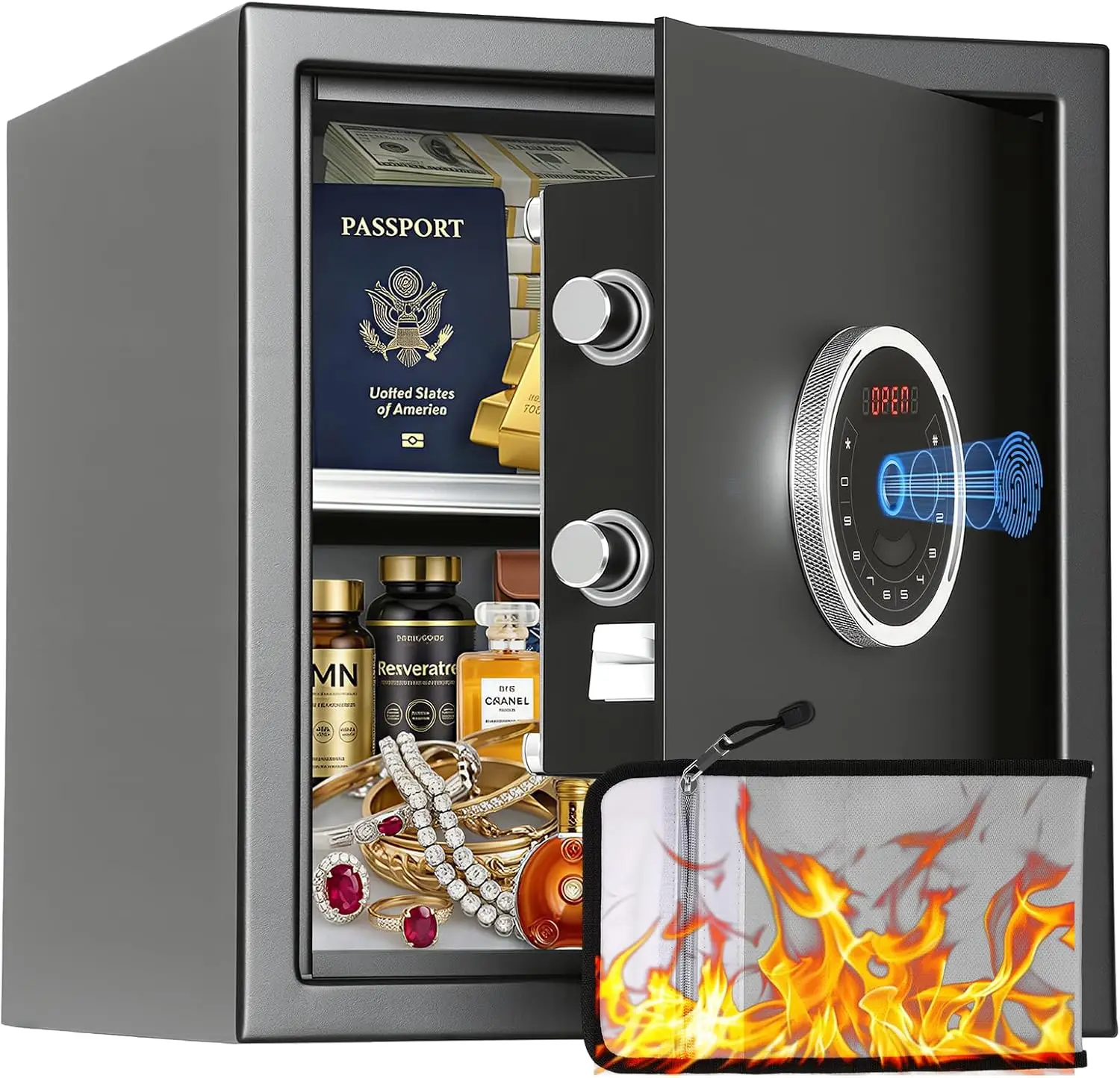 Auto-Open Biometric Safe 1.5 cu ft, Large Fingerprint Safe with 508 DPI Scanner 0.1s Quick Access, Steel Box with Fireproof Bag