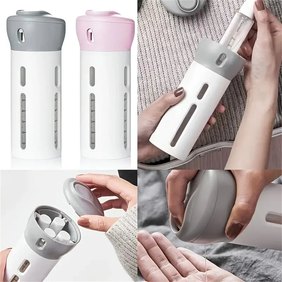 4-in-1 tragbare Reise-Flüssigkeitsspenderflasche, nachfüllbar, auslaufsicher, Reisebehälter für Parfüm, Shampoo, Conditioner, Lotion
