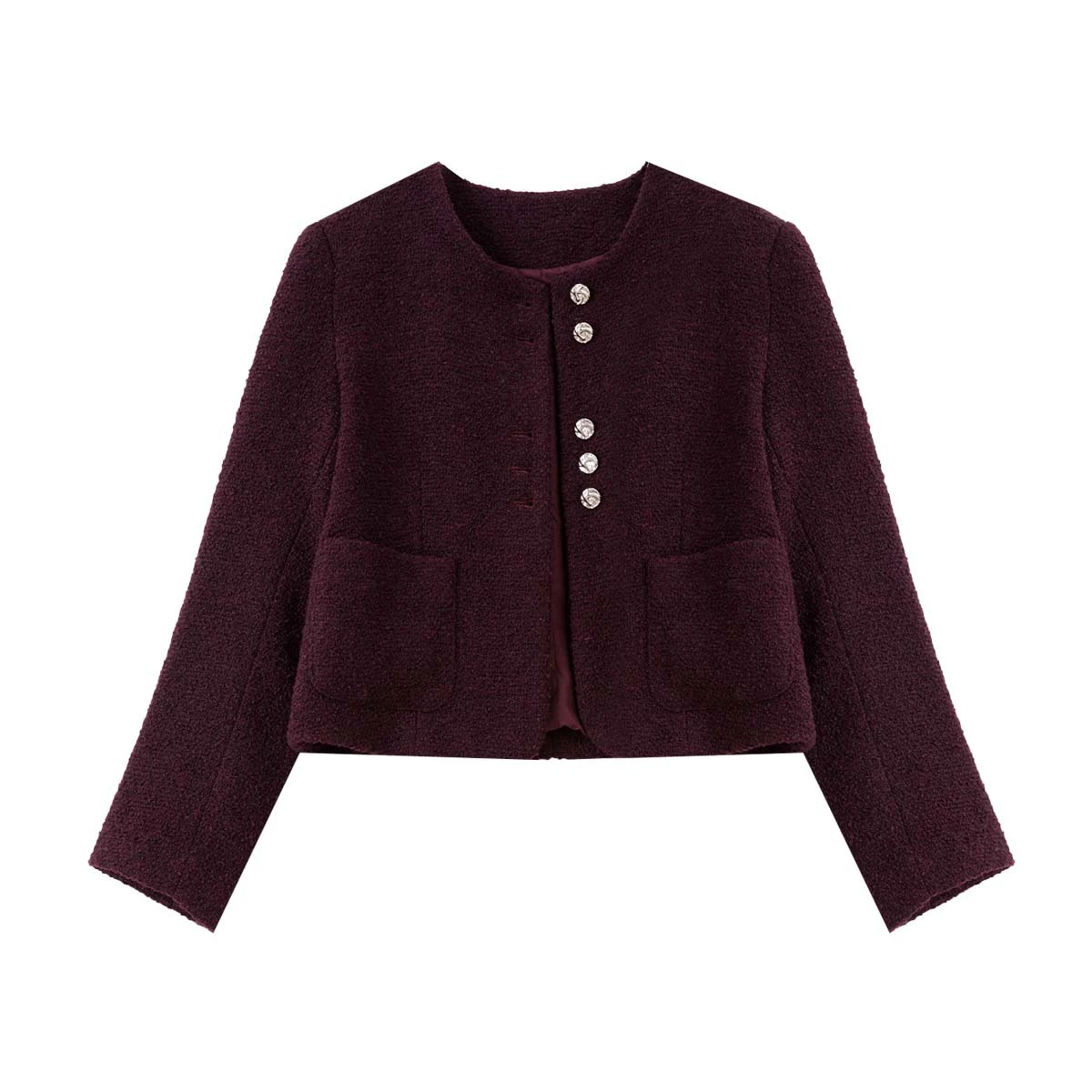 VIMLY Women's Purple Tweed Woolen Coats Round Neck Small Fragrance Full Sleeve Short Jacket Office Wear Button Woman Tops A2638