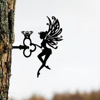 Metal Wall Art Pretty Elf On Branch Steel Silhouette, Home Garden Yard Patio Outdoor Statue Stake Decoration Perfect