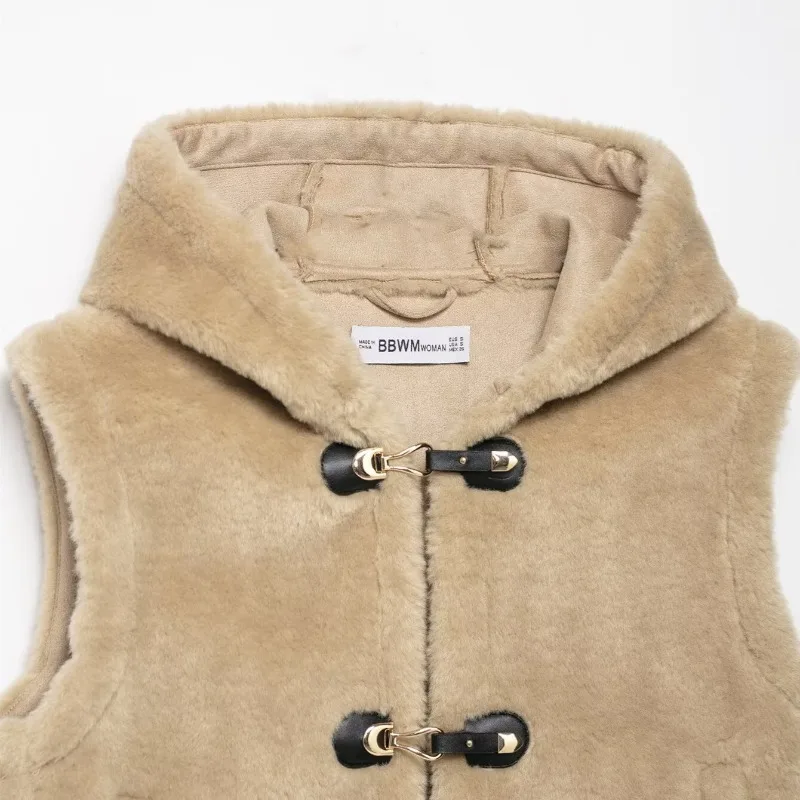 Kunstpelzwesten mit Kapuze, ärmellos, Khaki, solide, einreihige Pelzjacken, flauschig, stilvoll, warm, dick, Plüschmäntel, Kunstfuchs, Luxus