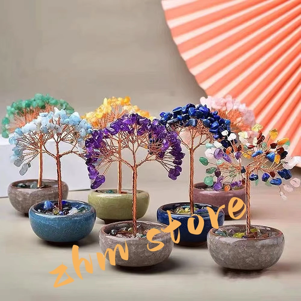 

17cm Collective Wealth Tea Pot Base Crystal Money Tree,Positive Energy for Health/Wealth/Love/Success Home/Office Decorations