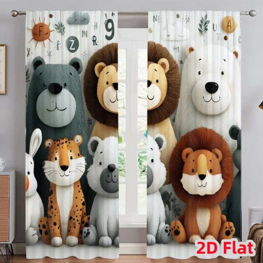 2PCS Digital Printed Curtains, Plush Animal Pattern, Cartoon Kawaii Style for Kids Room Bedroom Nursery Apartment Decor