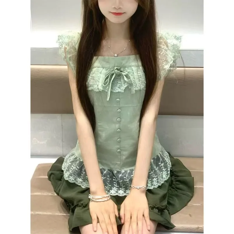 

2025 Sweet Lace Комплект из 2 предметов Футболка Готические женские платья Винтаж Y2k Тонкая мини-юбка в стиле панк Harajuku 90-х годов Корейские сексуальные новые футболки