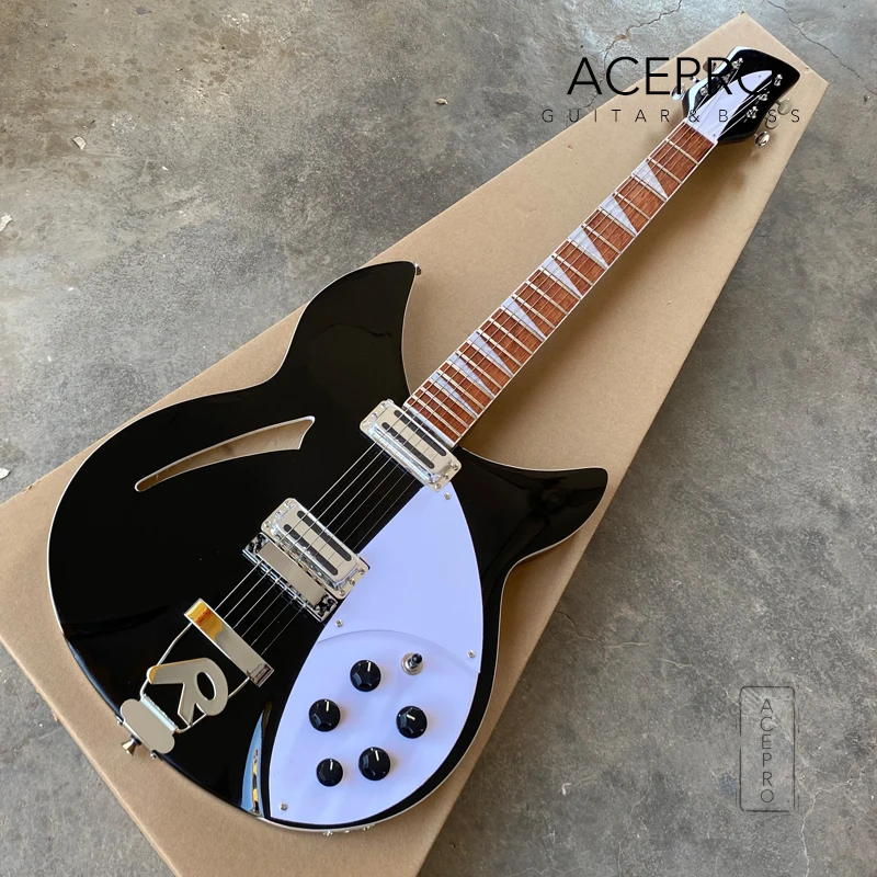 Black Electric Guitar Semi Hollow Body 360 6 String Stainless Steel Frets White Pickguard Guitarra