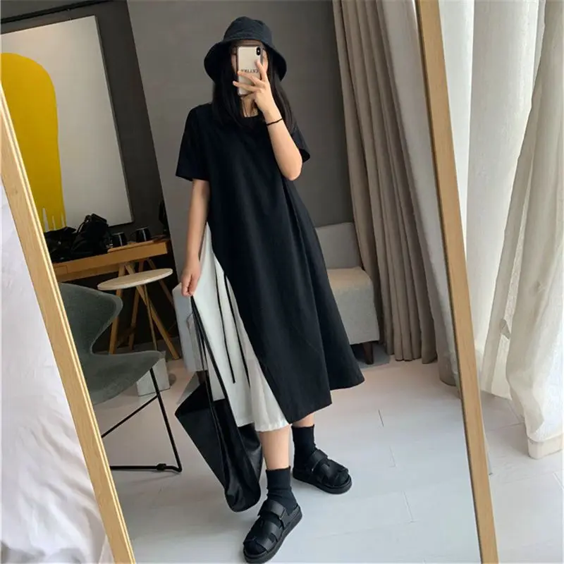 Oversized Summer Fashion Korean Patchwork Loose O-neck Short Sleeve Casual  Female Women Clothing  Irregular Pullover Dresses