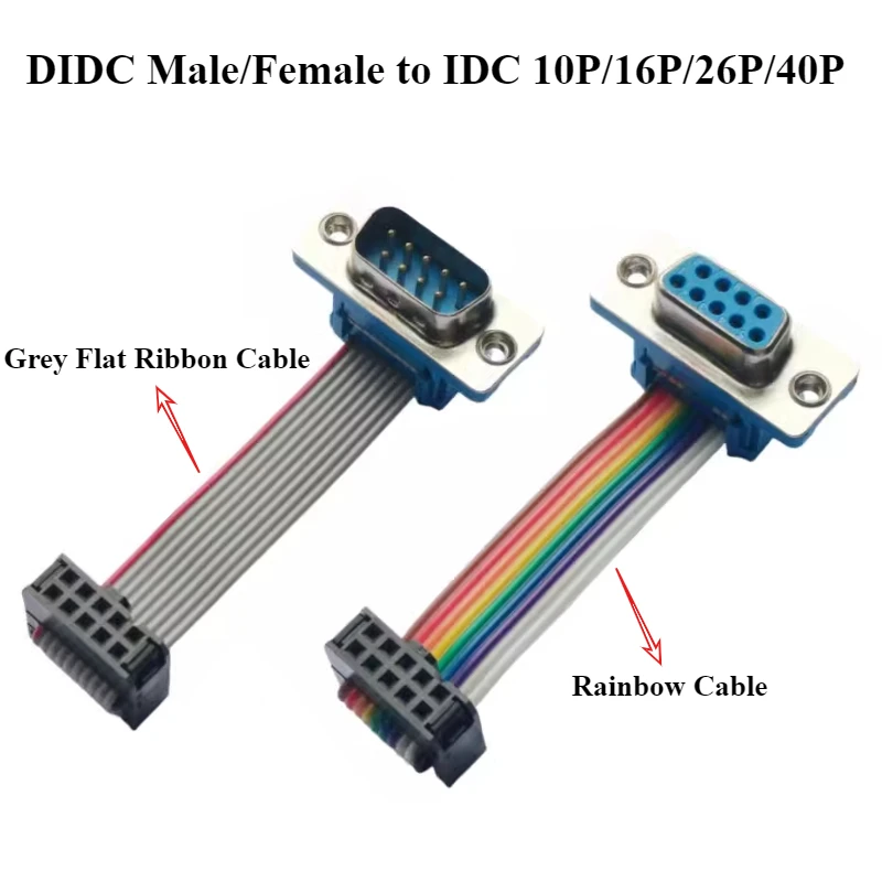 D-Sub DB9 DB15 DB25 DB37 Male/Female DIDC Connector to FC-10P/16P/26P/40P IDC Female 2.54mm Rainbow/Grey Flat Ribbon Cable