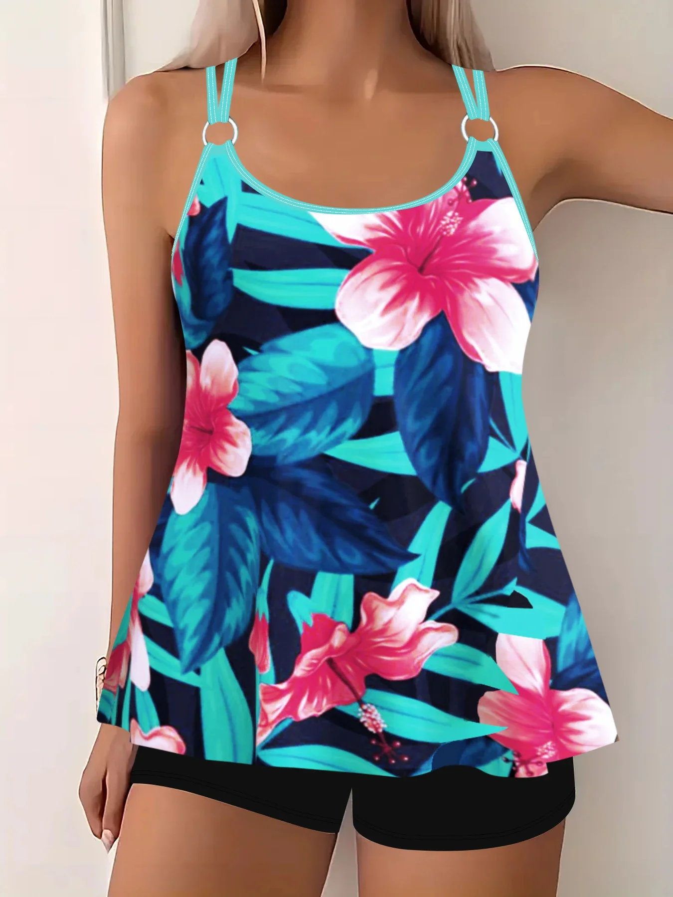 Floral Pattern 2 Piece Set Tankini, Skirted Style with Boyshorts Swimsuits, Women's Swimwear & Clothing Summer Sexy Bikini