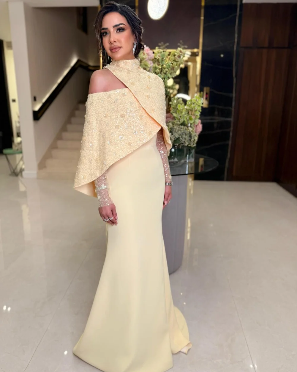 

Customized Sparkle Women Jersey Sequined Handmade Flower Mermaid Evening Dresses Classic High Collar Half Sleeve Prom Dresses