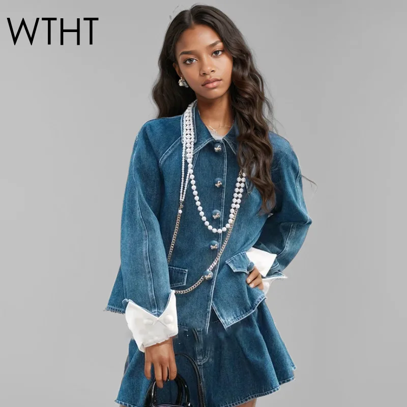 WTHT New Trendy Women's Pearl Chian Design Denim Jacket 2025 Spring Fashion Turn-down Collar  Long Sleeves Coat Female 1LS1085