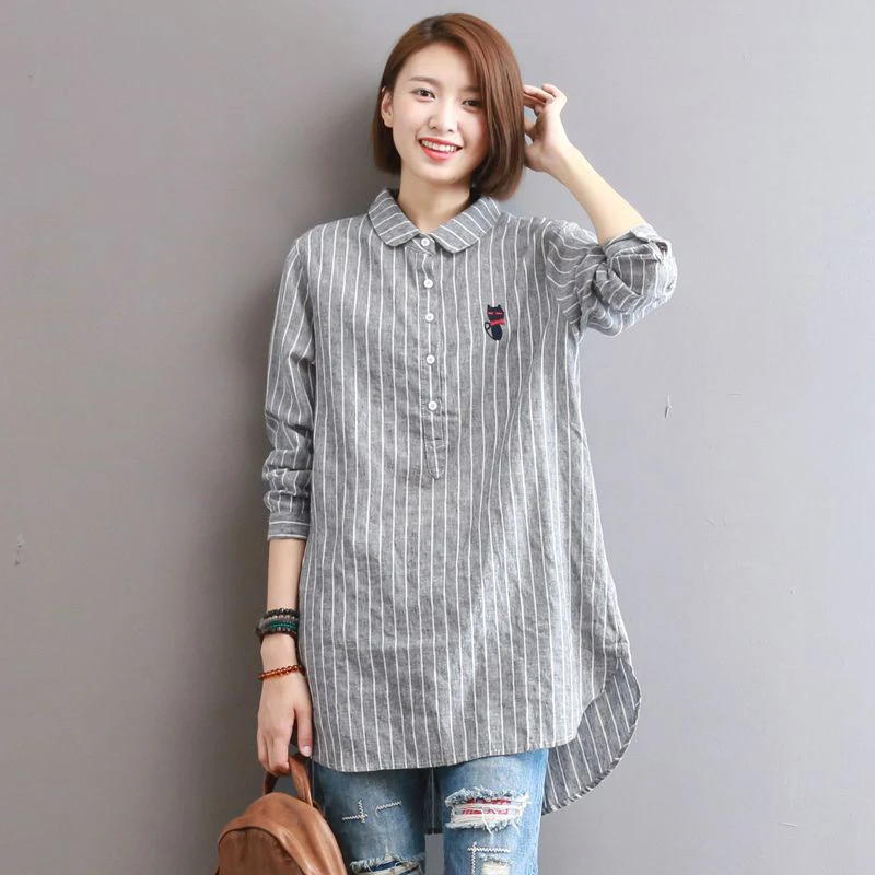 Women\'s Cotton Shirt Spring Autumn Wear Korean Version Loose Embroidered Stripes Medium Length Doll Neck Blouse for Women