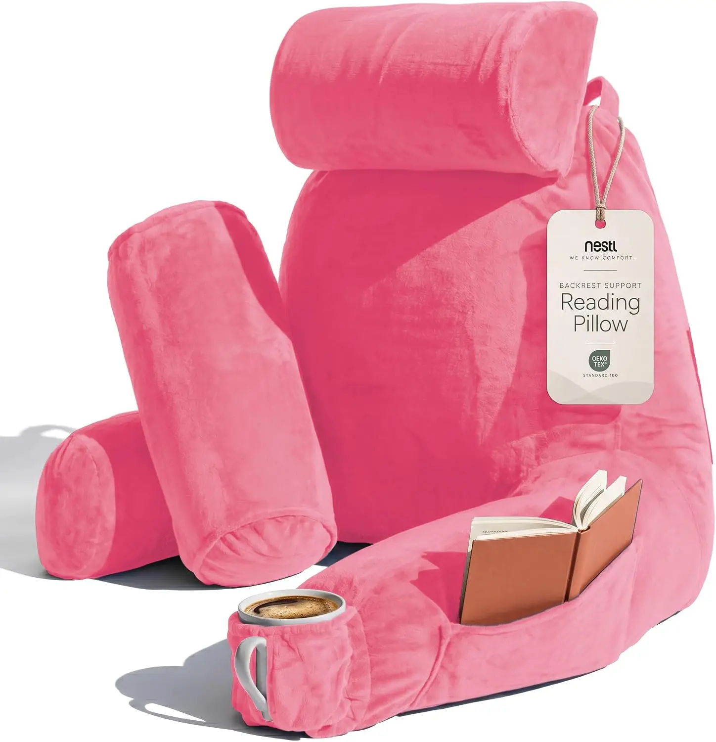 Nestl Reading Pillow with Shredded Memory Foam Includes 2 Neck and Lumber Support Pillows, Designed for Sitting Up in Bed and Couch, Back and Arms Adjustable Support for Adult & Teens, Light Pink