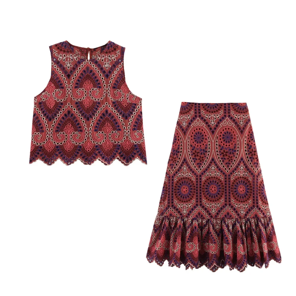 UNIZERA Women's Hollow Embroidery Round Neck Sleeveless Top Midi Skirt Decoration Spring/Summer New Women's Clothing