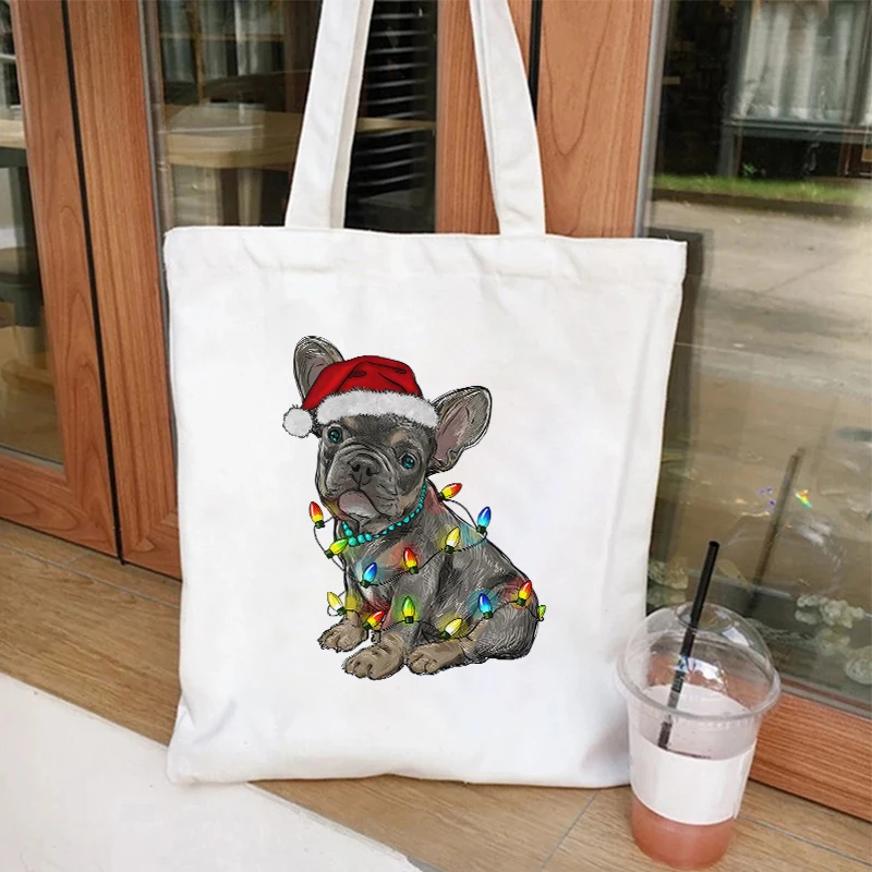 French Bulldog Christmas Canvas Tote Bag Frenchie Lover Women Shopping Bag French Bulldog Reusable Female Shoulder Bag Tops