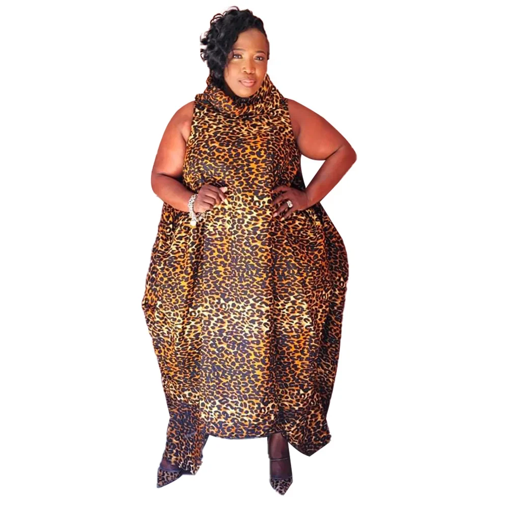 XL-4XL Summer Plus Size Women Clothing Fashion Trend Leopard Sleeveless High Collar Long Dresses Women Plus Size Summer Dresses