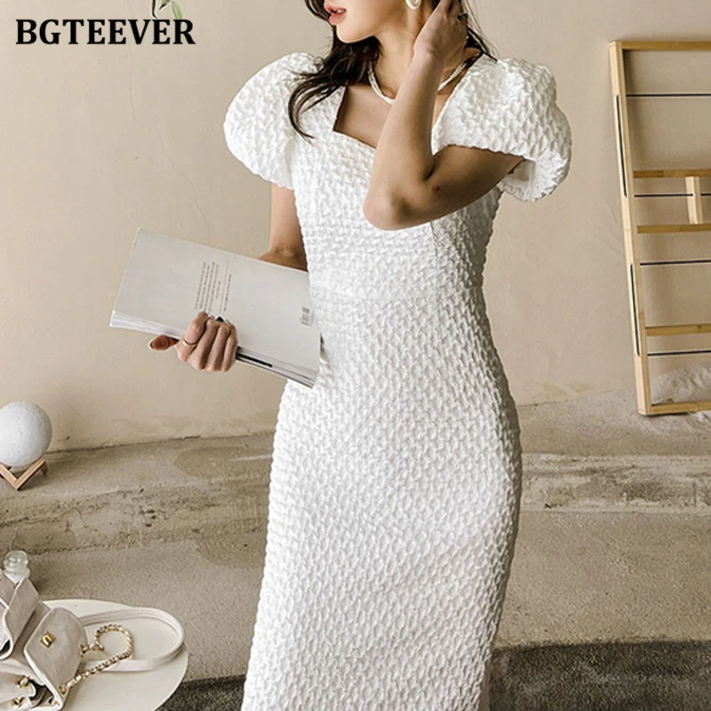 BGTEEVER Vintage Puff Sleeve Slim Waist Women Package Hip Midi Dress Elegant Square Collar Female Bodycon Pencil Dress Summer