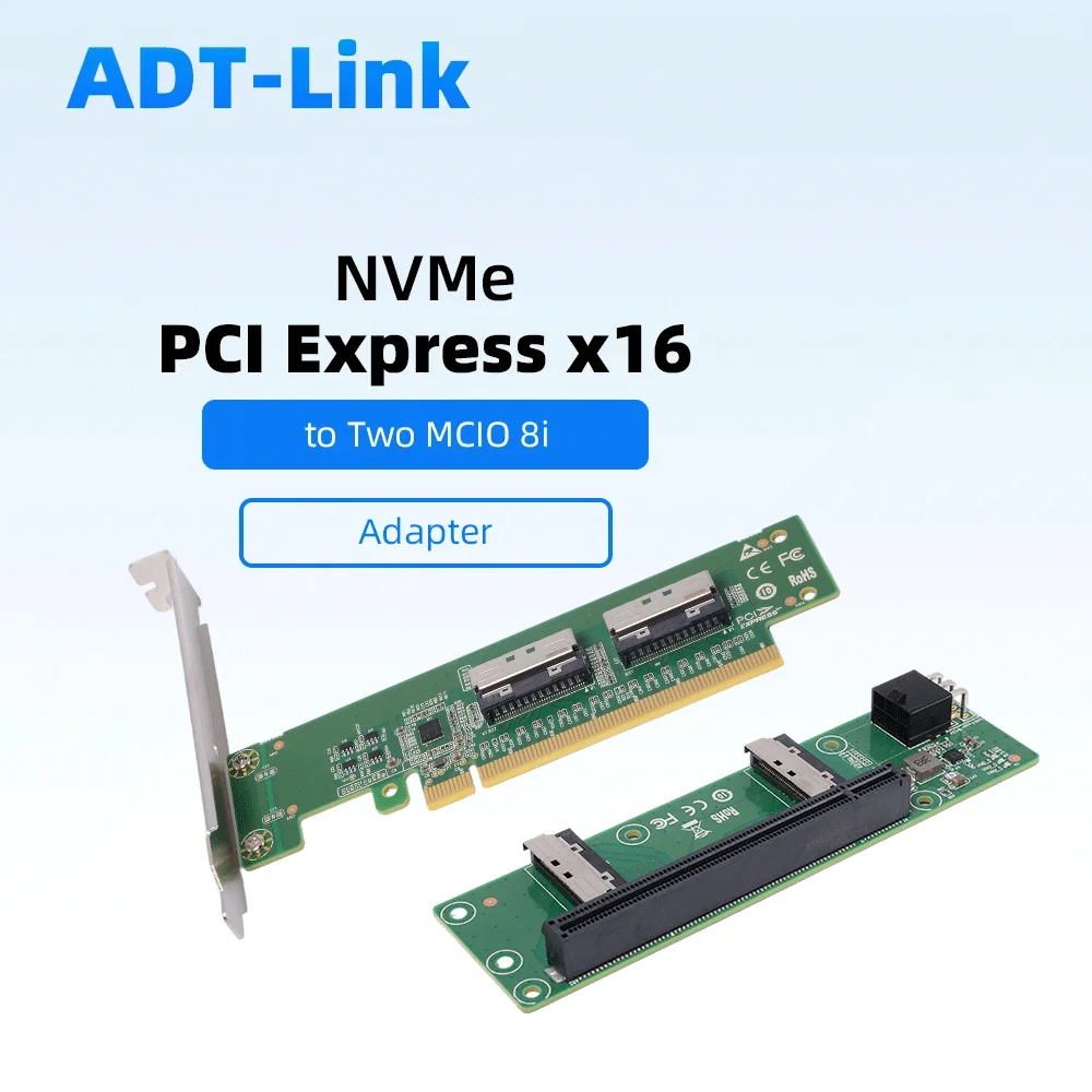 

ADT-Link PCIe 5.0 x16 to 2x MCIO 8i Adapter Card Gen5 Expansion Card PCIe Bifurcation Required for NVMe U.2 SSD Server Storage