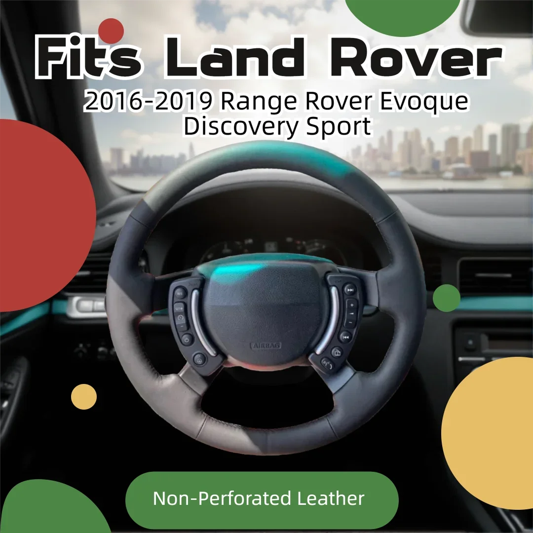 Non-Punched Genuine Leather Hand-Stitched Steering Wheel Cover Fits 2016-2019 Range Rover Evoque, Discovery Sport, Discovery