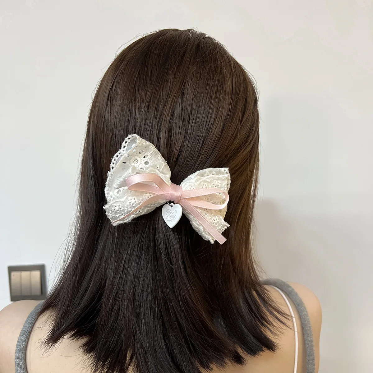 Sweet Princess Wind Fairy Hairpin Duckbill Clip White Lace Double Layer Bow Love Pendant Edge Clip Hairpin Bobby Pin