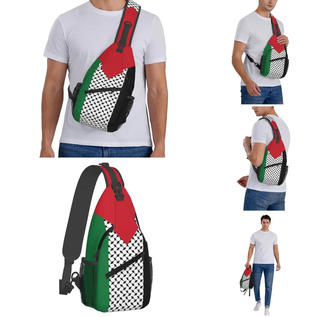 Palestine Flag Crossbody Sling Bag Chest Bag Palestinian Hatta Kufiya Keffiyeh Pattern Shoulder Backpack Daypack for Sports Bag