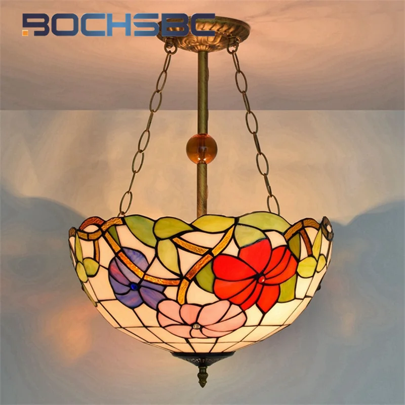 BOCHSBC Tiffany stained glass Garden style chandelier Art Living Room Dining Room Bedroom Cafe 16inch deco reverse pendant light