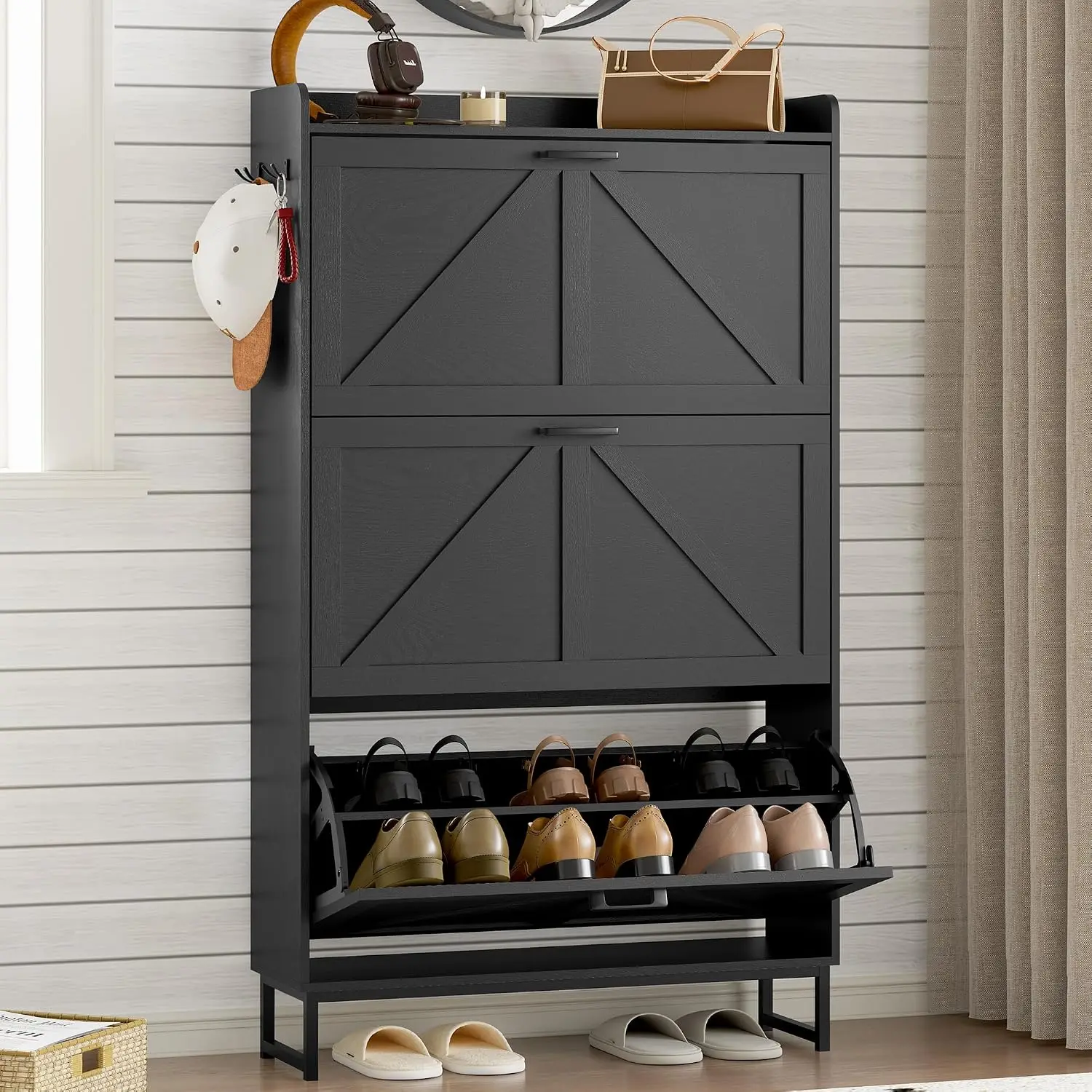 3 Flip Drawers Narrow Wooden Shoe Cabinet Freestanding Slim Hidden Storage for Entryway Hallway Living Room, Customized